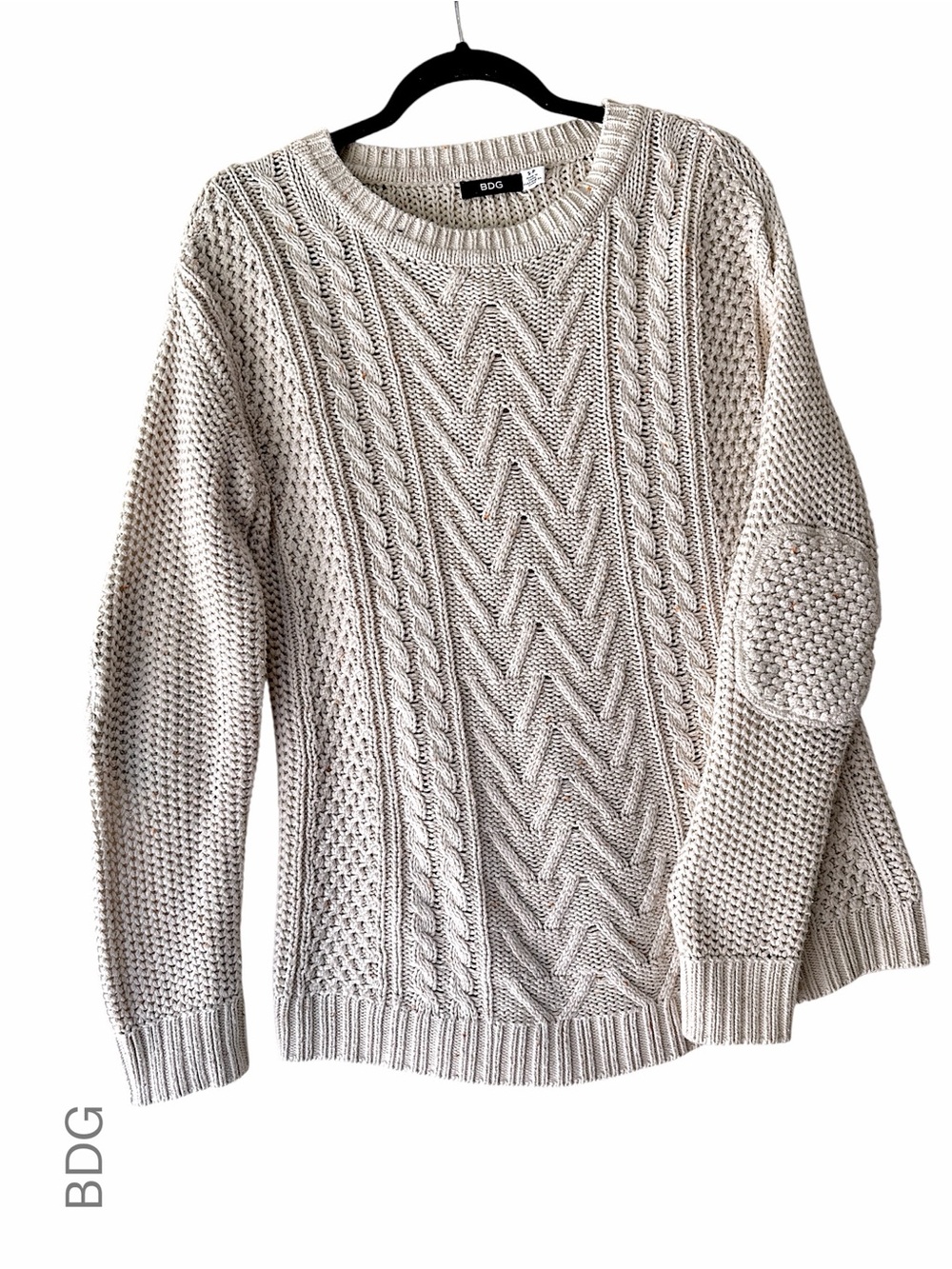BDG NWOT COTTON CABLE KNIT HONEYCOMB CREWNECK SWEATER ELBOW PATCH CREAM | SMALL
